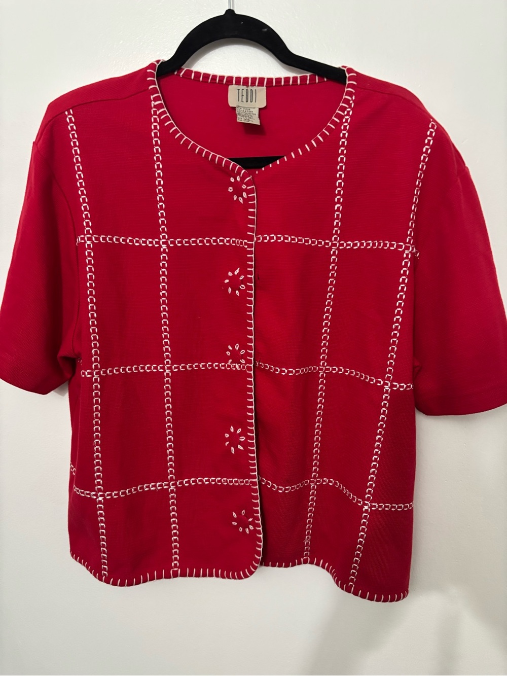 Teddi Red Short-Sleeve Knit Cardigan with White Contrast Stitching